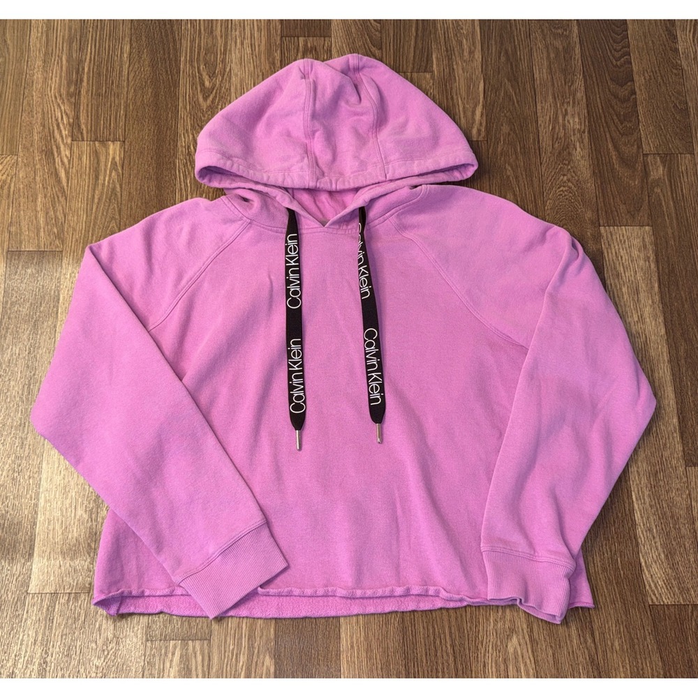 Calvin Klein Performance Pink Hoodie Logo Drawstring Raw Hem Pullover Medium
